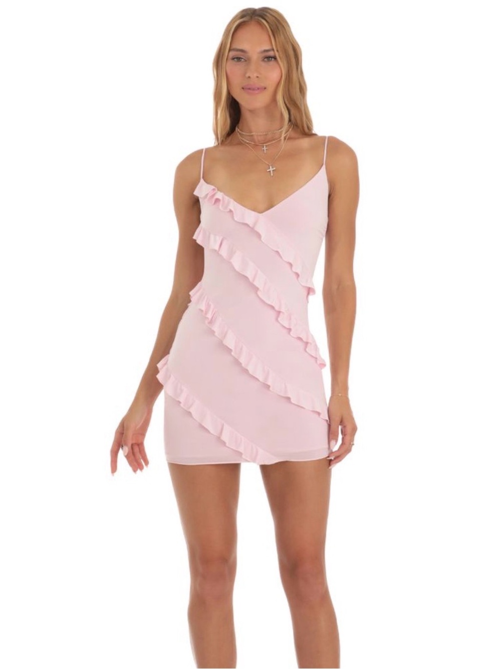 Lucy in the Sky Light Pink Ruffle Spaghetti-Strap Mini Dress